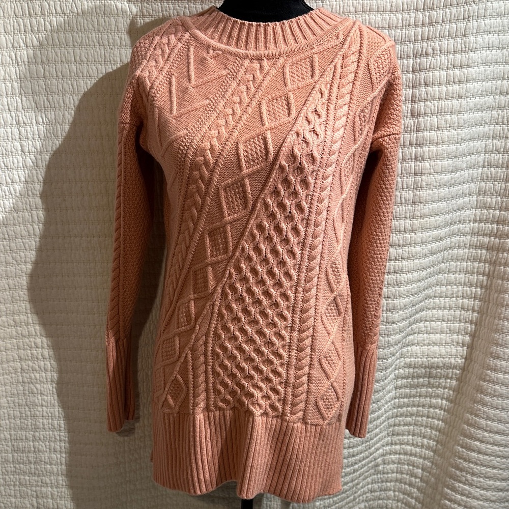 J Crew Patchwork Cable Knit Tunic Sweater Pink Wool Blend Pullover MSRP $128